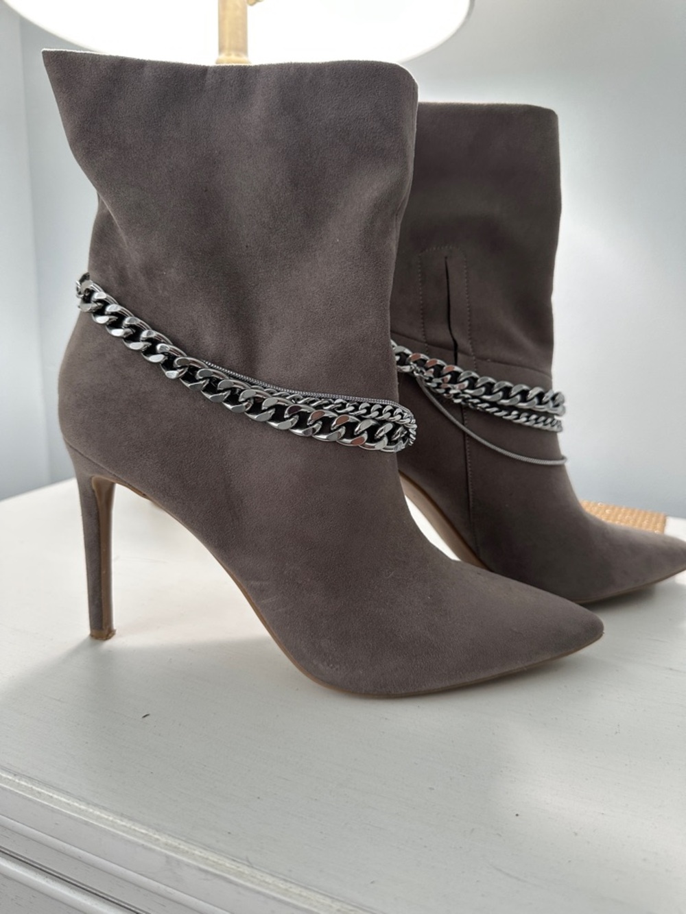 INC International Concepts Gray Suede Chain-Trim Stiletto Ankle Boots
